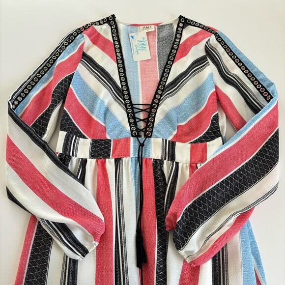 AMT Gypsy Gal Striped Long Sleeve V-Neck Grommet Mini Dress Size Medium NWT - Picture 3 of 13